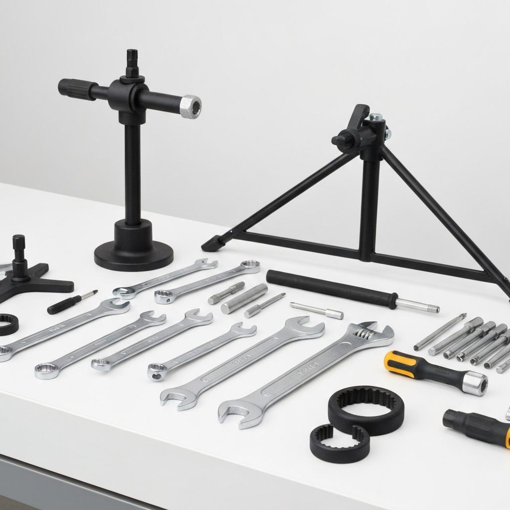 Sauberer Werkzeugsatz ordentlich auf einem Tisch angeordnet